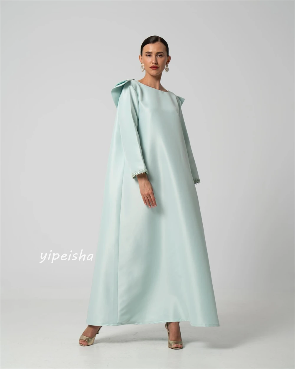 Jiayigong  Satin Draped Ruched Pleat Engagement A-line O-Neck Bespoke Occasion Gown Long Sleeve Dresses Saudi Arabia