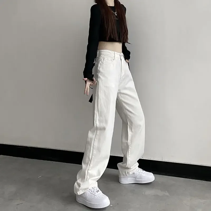 Jeans sólido minimalista feminino, vintage básico lavado, roupa da moda coreana, streetwear solto, casual universitário Y2K, novo, primavera, Ulzzang