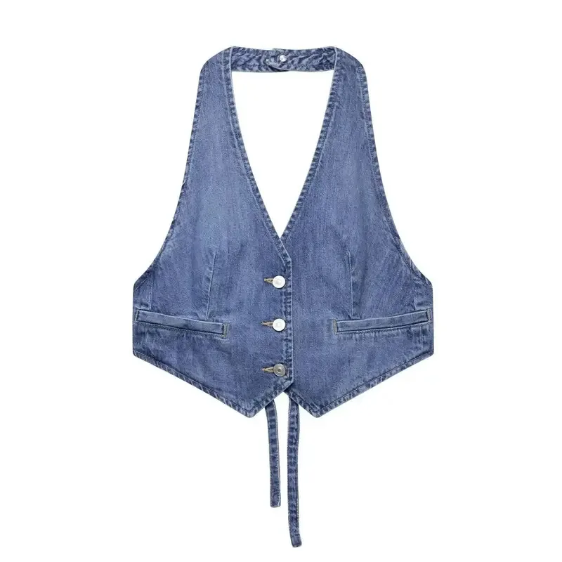 

Summer Sexy Chic Women's Halter V-Neck Denim Tank Top Backless Solid Mujer Fashion Trendy Tank Tops for Women 2025