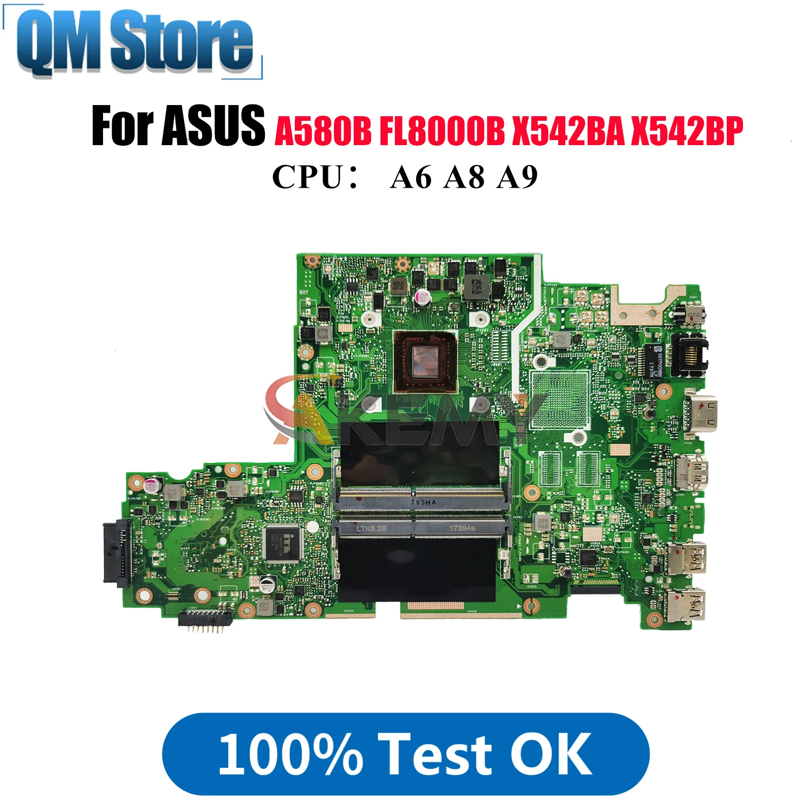 

X542BA Laptop Motherboard For ASUS VivoBook A580B X542BA FL8000B X542BP X542B Notebook Mainboard With A6 A8 A9 CPU 100% tests OK