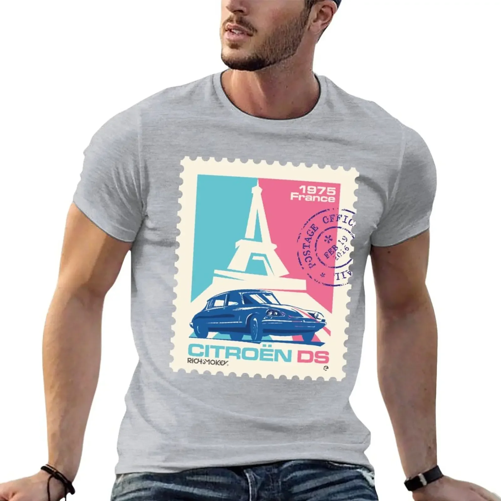 French retro car Citro?n DS & Eiffel tower postage stamp T-Shirt for a boy plus sizes mens t shirt