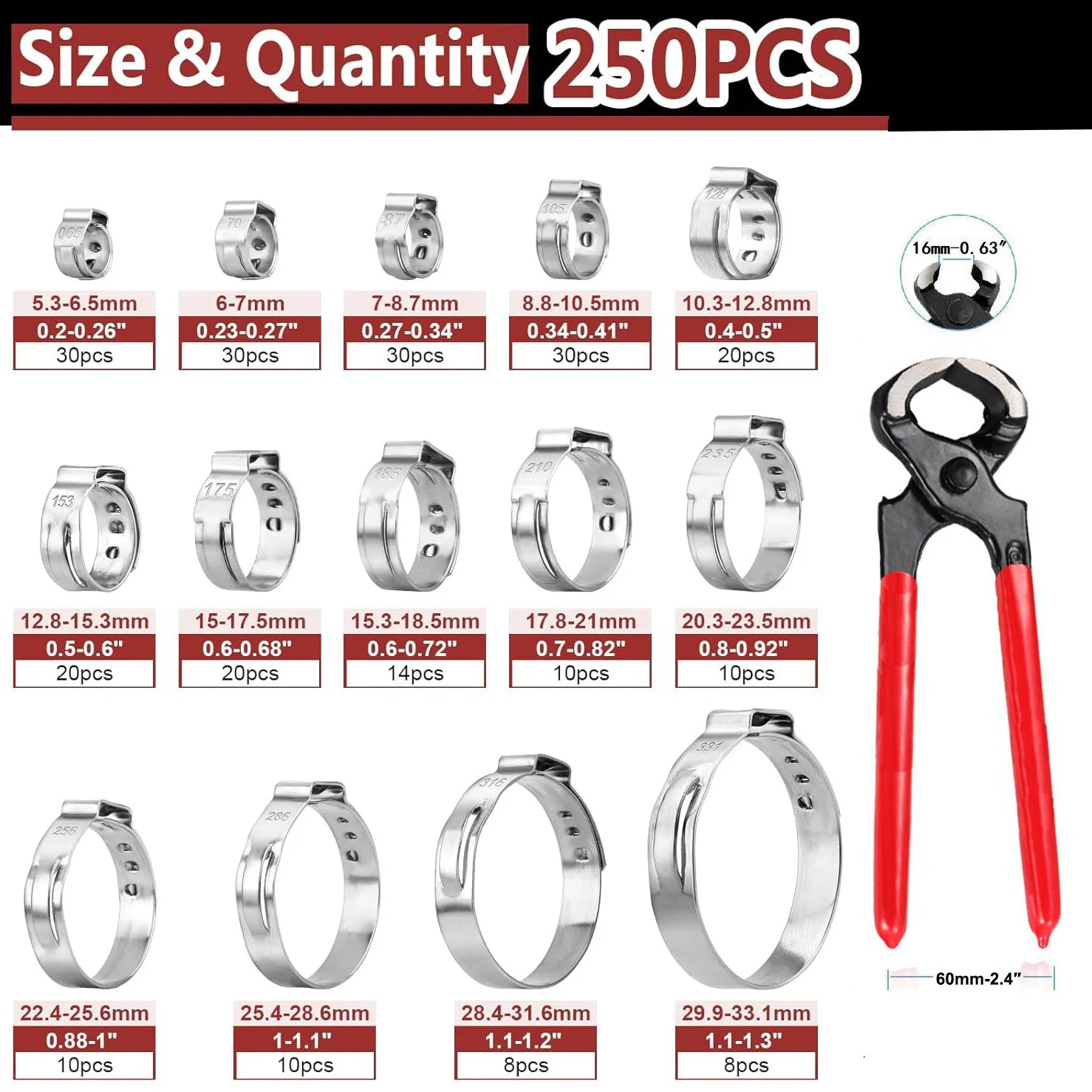 250PCS 14 Sizes Single Ear Hose Clamps 5.3-33.1mm 304 Stainless Steel Ear Clamps Cross Border Kit