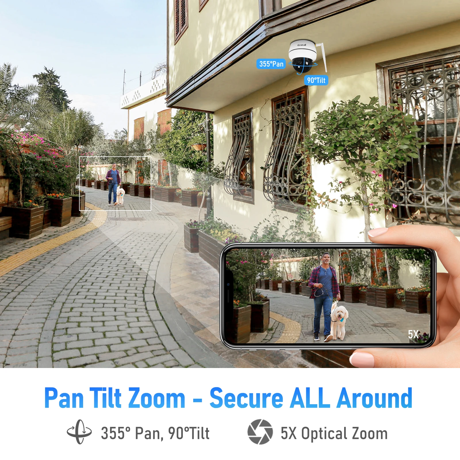 กล้องวงจรปิดไร้สาย JideTech 5MP แบบ PTZ พร้อมช่องใส่การ์ด SD ในตัว (รองรับสูงสุด 256GB) ฟังก์ชันตรวจจับมนุษย์และติดตามอัตโนมัติ