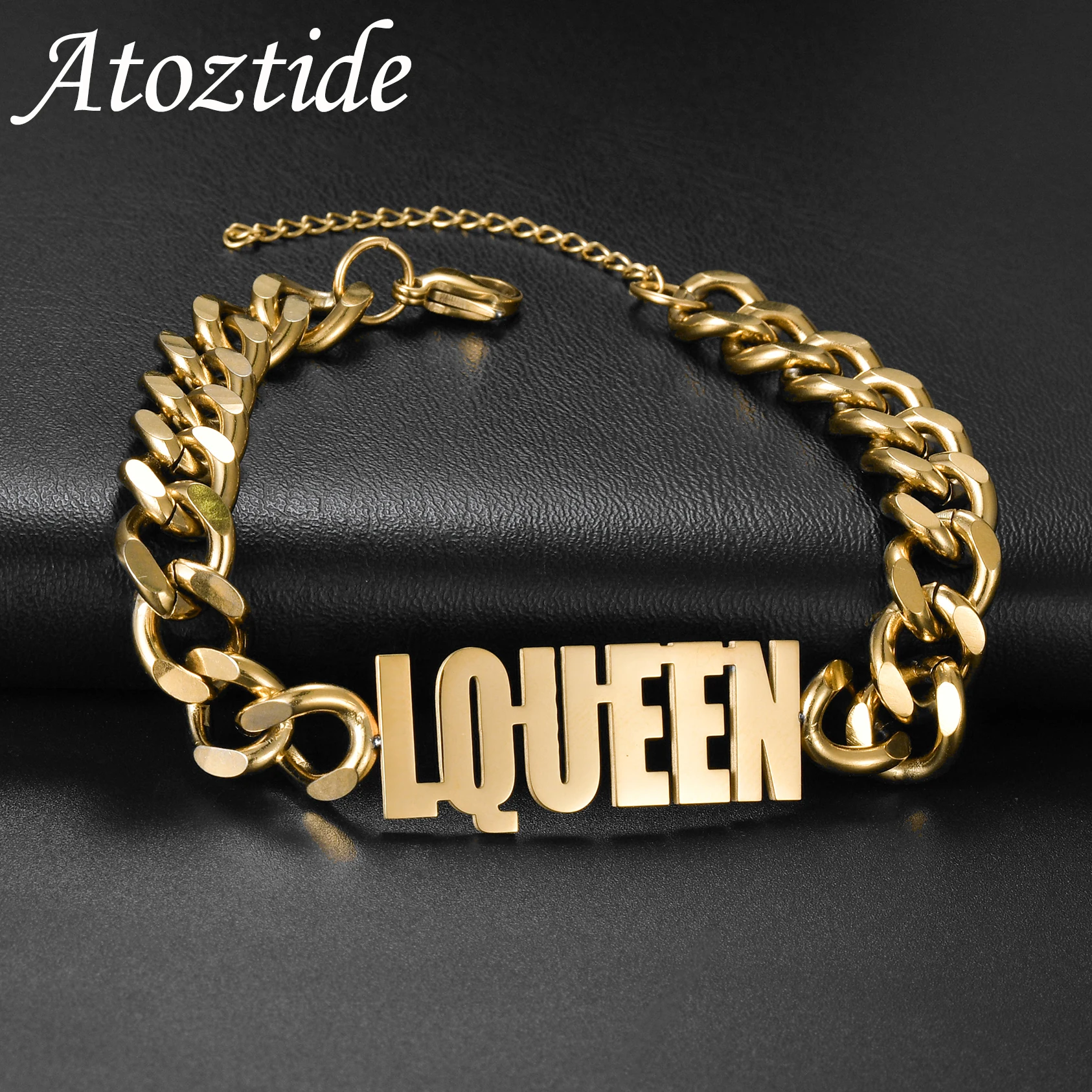 Atoztide Personalized Custom Name Bracelet for Women Men Stainless Steel 10mm Cuban Chain Nameplate Handmade Bangle Jewelry Gift