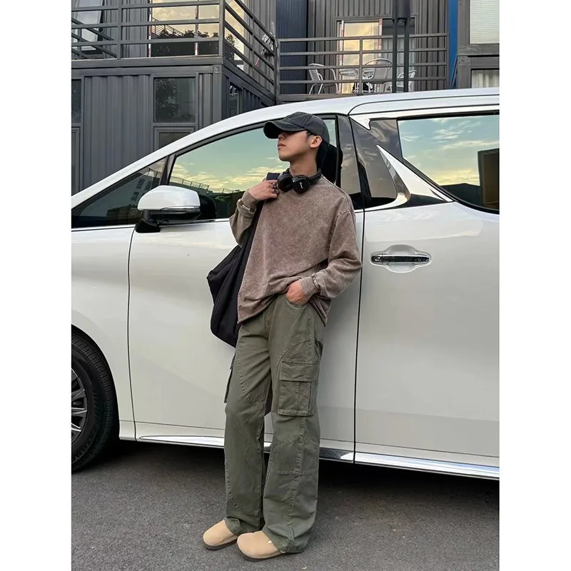 American Multi-pocket Overalls for Men Spring New Straight High Street Casual Sports Wide Leg Pants