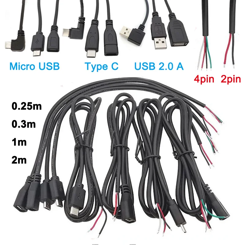 2Pin 4Pin Micro USB / Type C Charger Connector USB 2.0 Type A Male Female Power Supply Extension Cable Wire DIY Data Line u