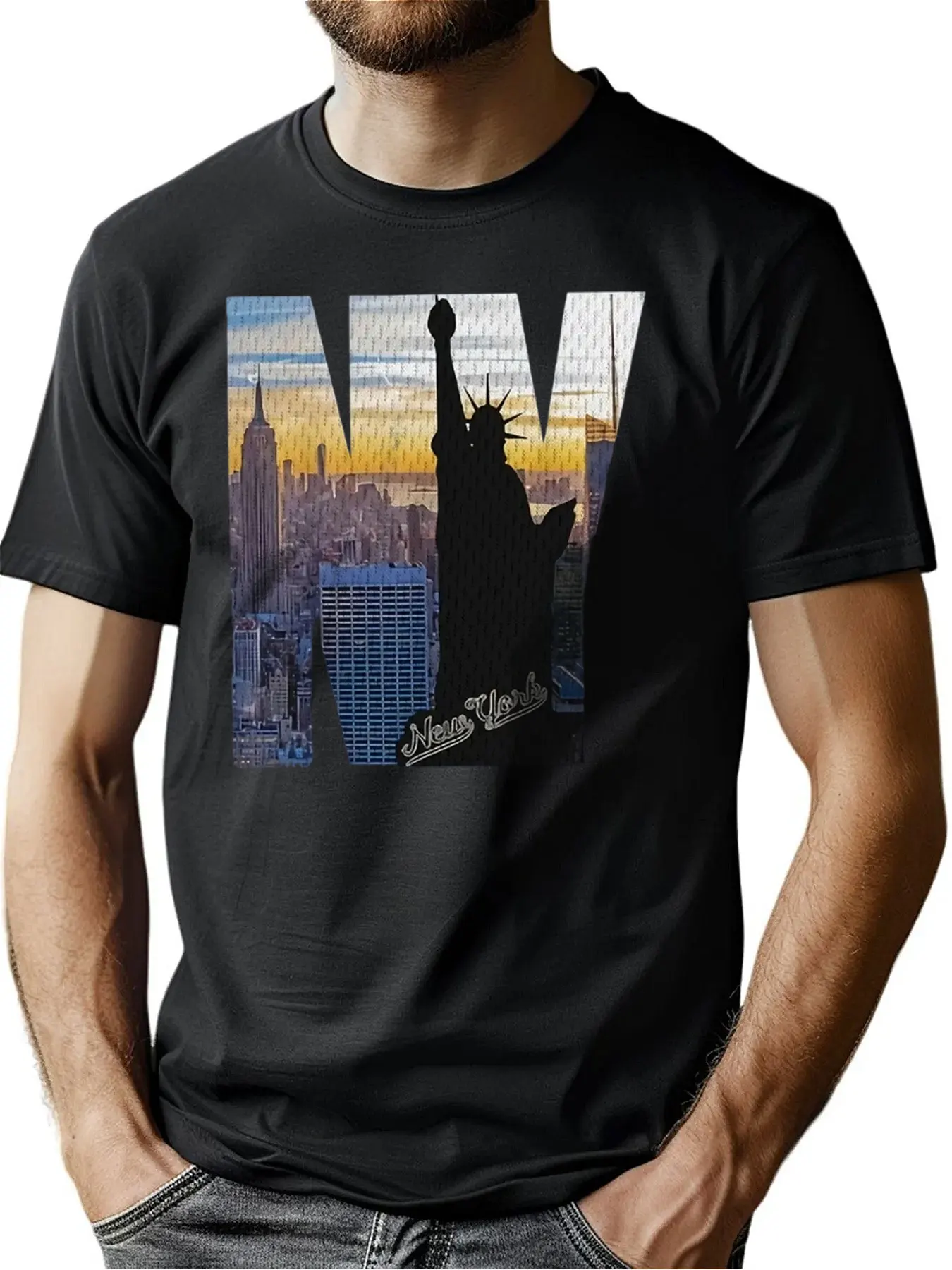 

Premium Cotton-Blend Crew Neck Tee Iconic Landmark Print Soft Breathable Fabric Machine Washable Thanksgiving Gift For All Men O