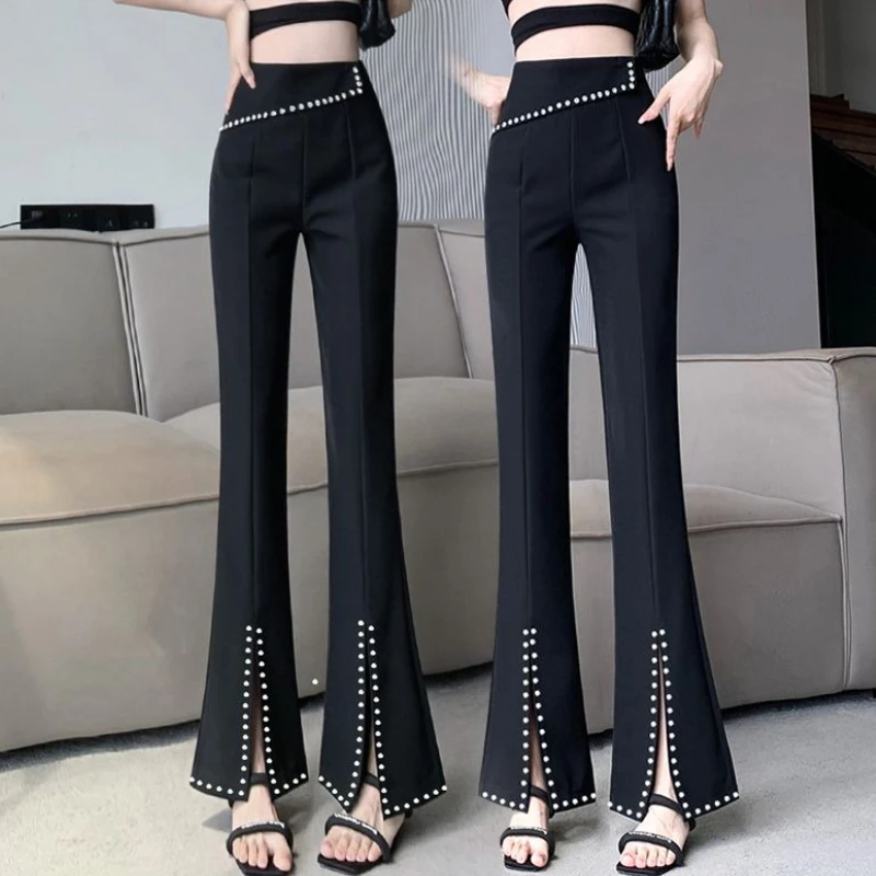 เลกกิ้งสีดํากางเกงสกินนี่สําหรับผู้หญิงสบายๆเก๋และสง่างามชุดกางเกงทรงหลวมยืดหยุ่นเกาหลีแฟชั่นผ้าฝ้าย G กางเกงผู้หญิงบาง