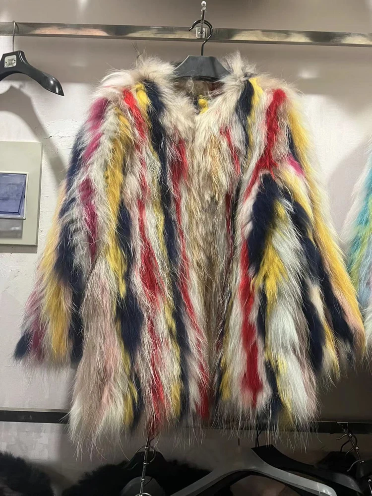 Fur Coat For Women American European Female Colorful Hand Knitted 100% Raccoon Fur Jackets Streetwear Rainbow Color Down Coats