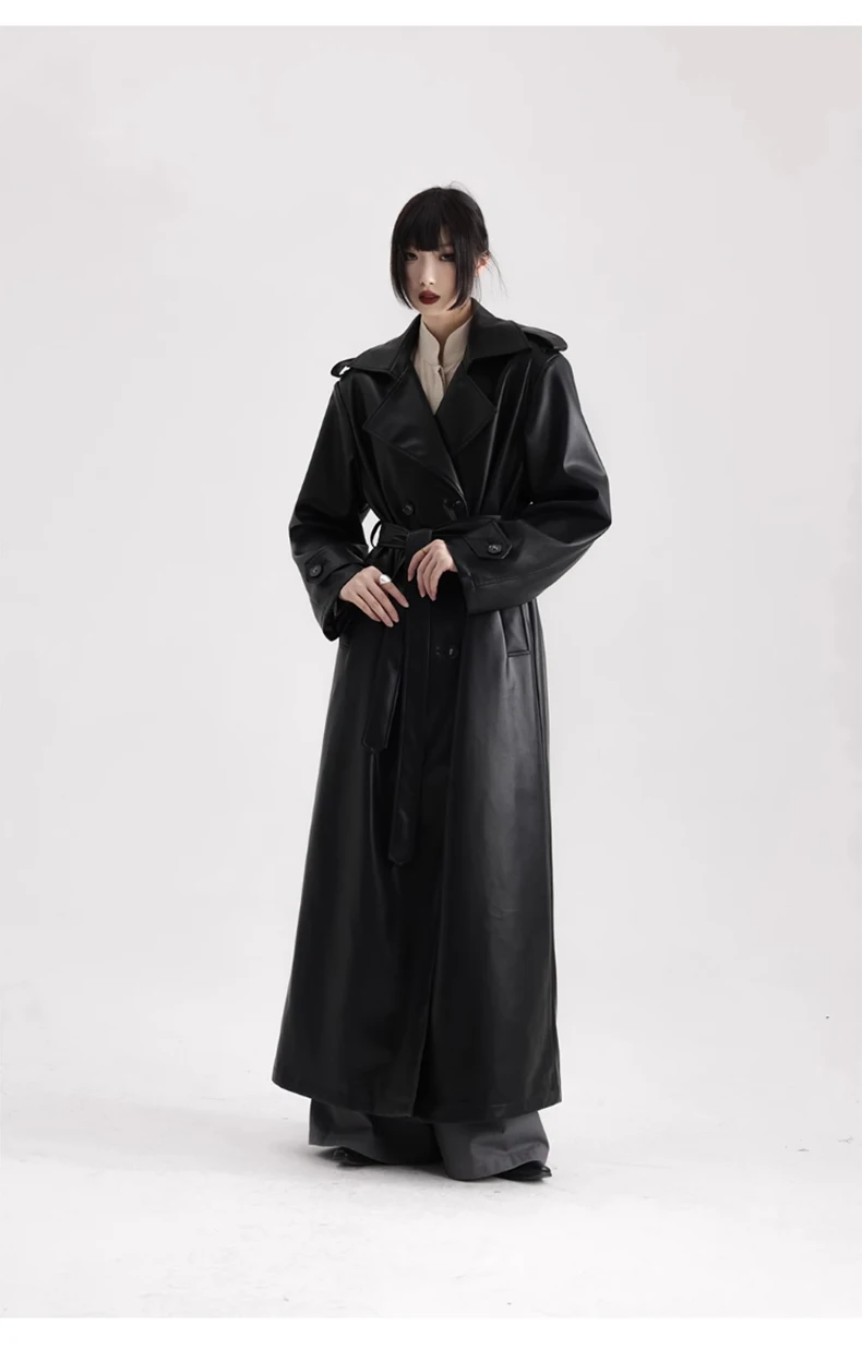 Lautaro Spring Autumn Extra Long Black Soft Pu Leather Trench Coat for Women Double Breasted Loose Casual Korean Fashion 2024