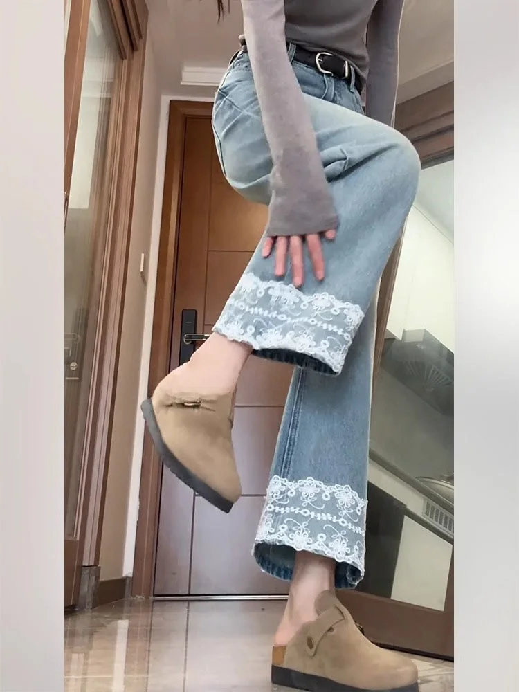 Pantalones vaqueros de pierna recta con empalme de encaje de talla grande para mujer, pantalones de pierna ancha adelgazantes de cintura alta, ropa de verano, tela vaquera resistente