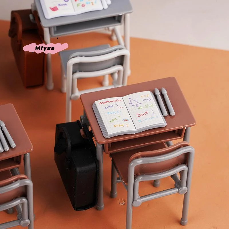 Mini School Desk Set with Chalkboard Chair And Schoolbags for Dollhouse Furniture Decor Classroom Accessory Model for DollHouses