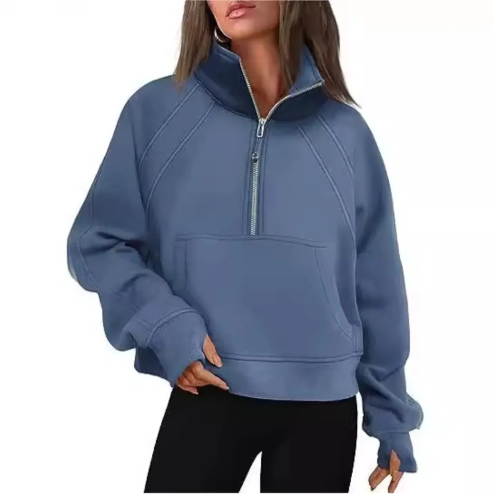 Stand Collar Casual Sweatshirts Half Zip Women Cropped Pullover Thumb Hole Overzised Hoodie Solid Color Plus Size Sports Outfit