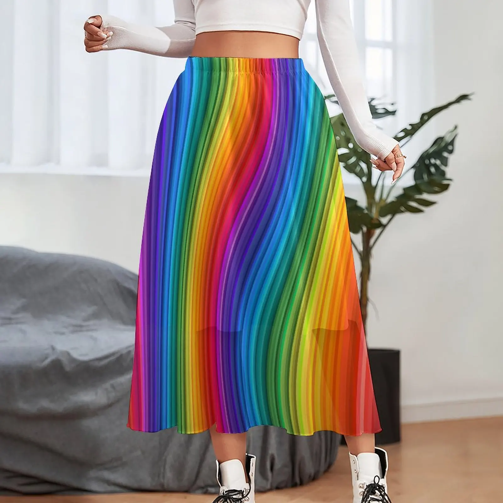 Rainbow Wave Skirt Glittering Swirl Cute Long Skirts High Waist Custom Streetwear Casual Skirt Large Size