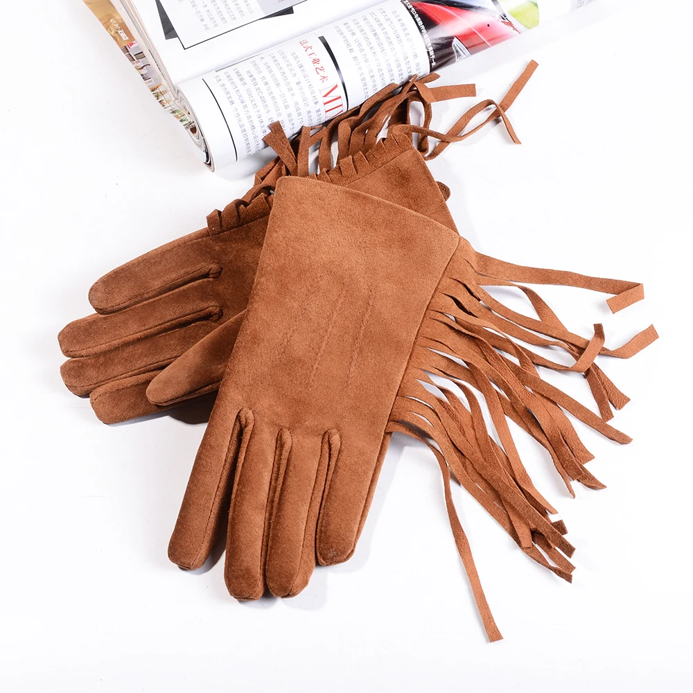 Women\'s Ladies Genuine Suede Leather Tassel Short Gloves  Warm Velvet Punk Show  Classic Luvas