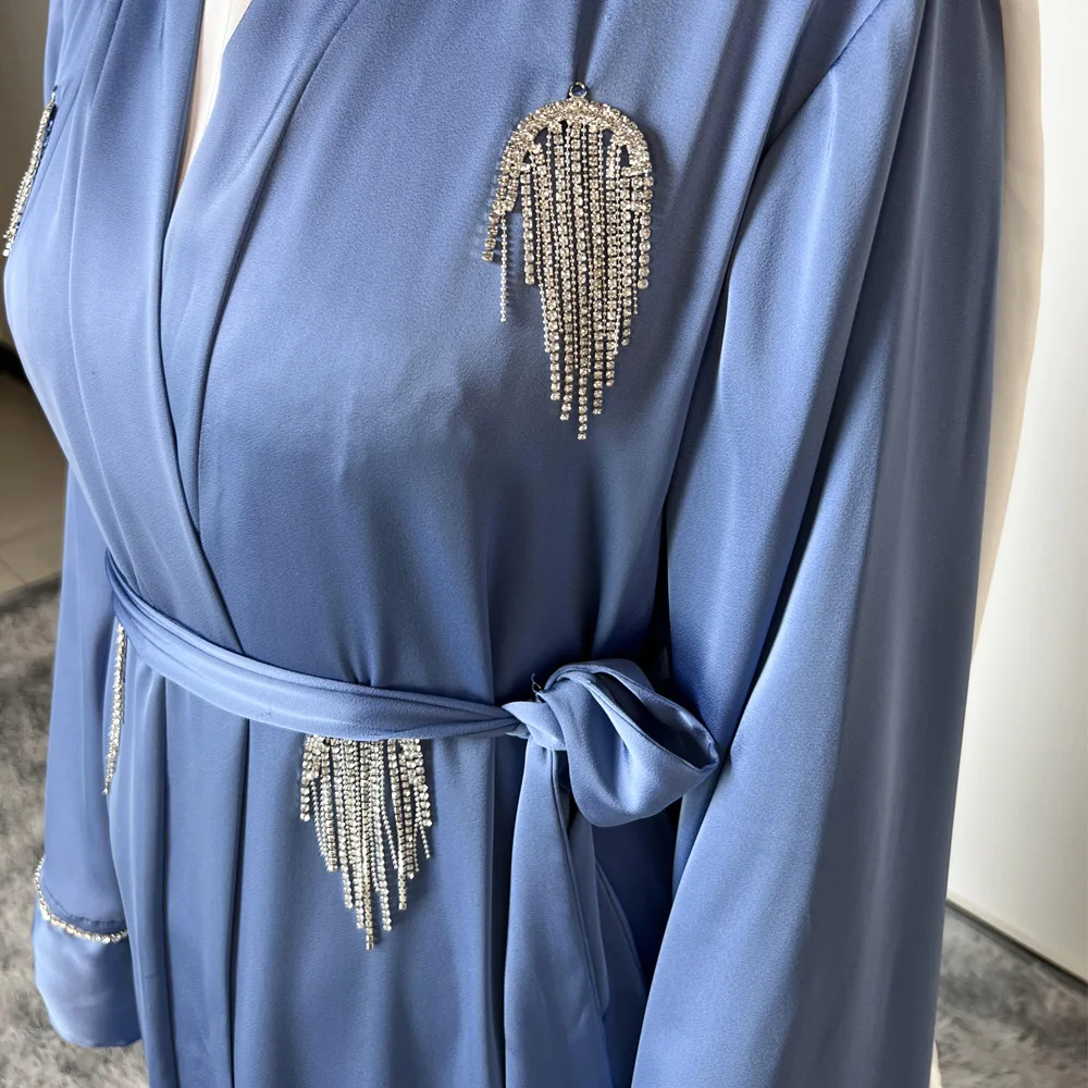 

Dubai Women Open Abaya inner dress Kaftan Muslim Set with scarf Belt Islam Robe African Dress Kimono Morocco Clothing Caftan Eid