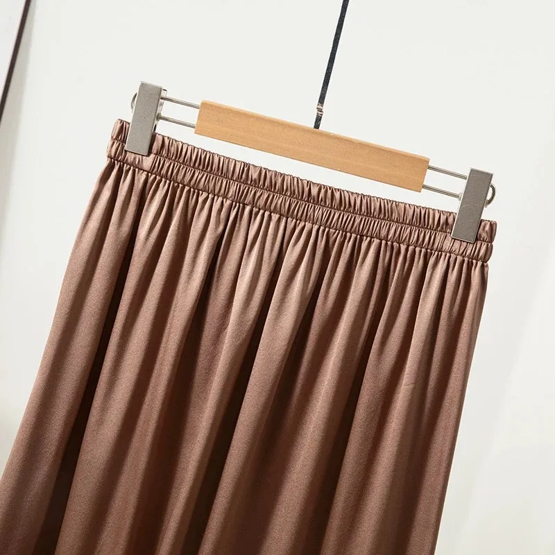 93% Mulberry Silk 7% Spandex Elastic Waist A-Line Solid Color Women Skirt Summber QQ086