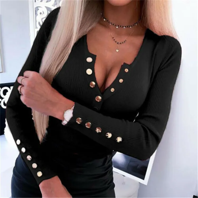 Casual Solid Color Open Collar Long Sleeve Button Top Women's T-shirt Clothing Now