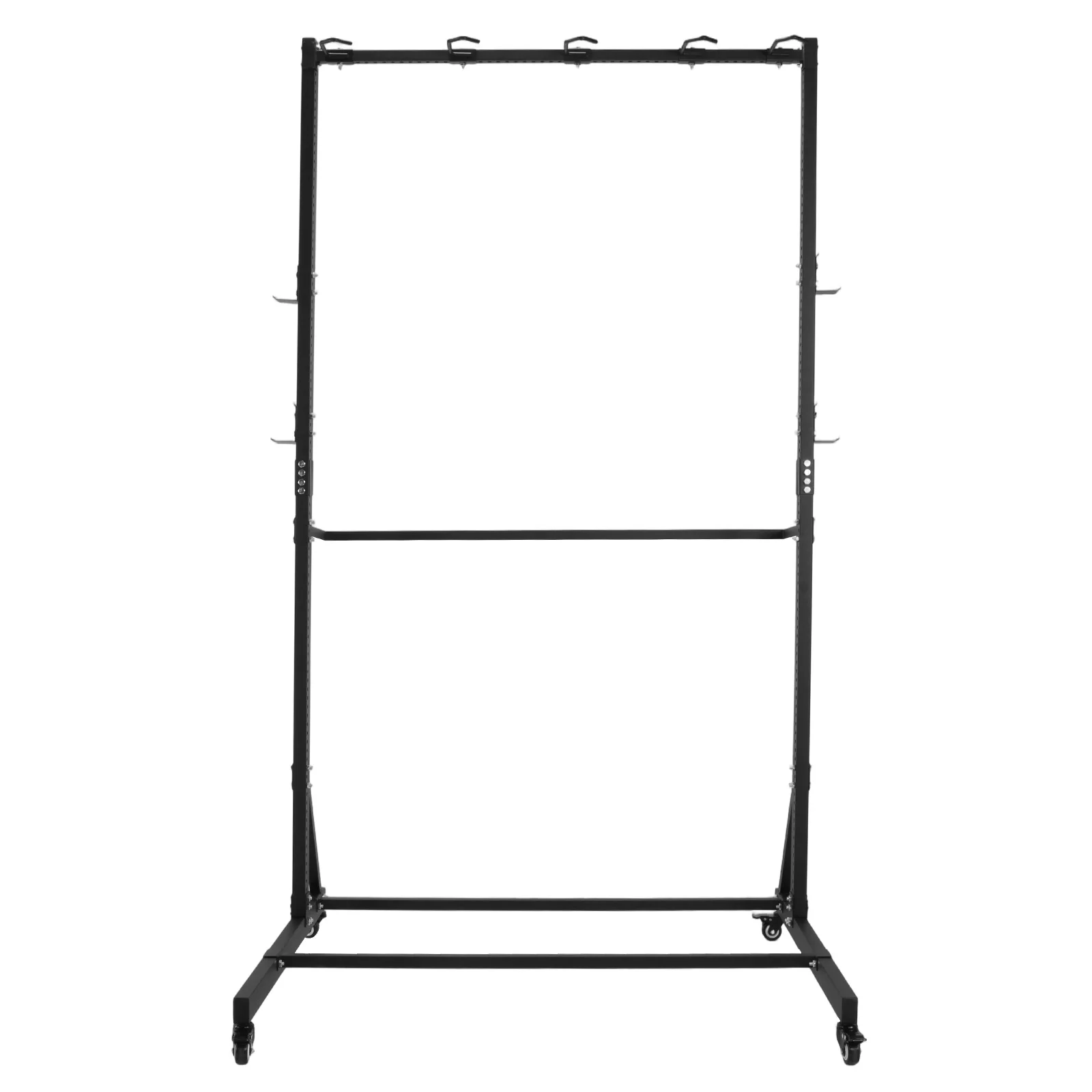 

Heavy Duty Bike Hanger with Locking Casters & 6 Hooks Holds Up To 5 Bikes Height Adjustable for Garage Basement & Home