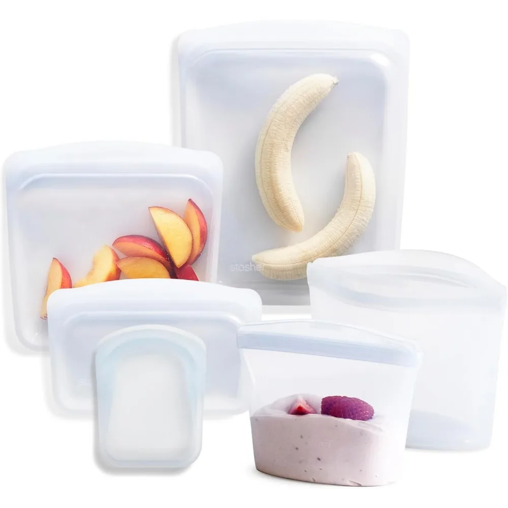 

Premium Silicone Reusable Food Storage Bags, 6-Pack Clear, Leak-Free, Dishwasher-Safe, Eco-Friendly