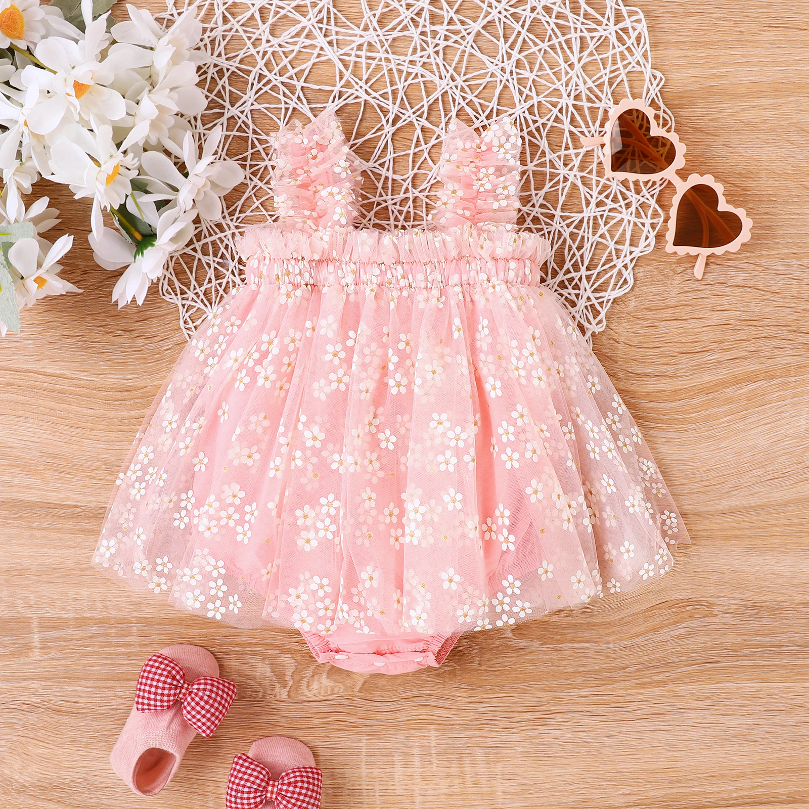 Summer 0 To 1 Years Old Baby Girls Comfortable Cool And Beautiful Girls Decorated With Flowers Pink Mesh Halter Skirt Ha Dress