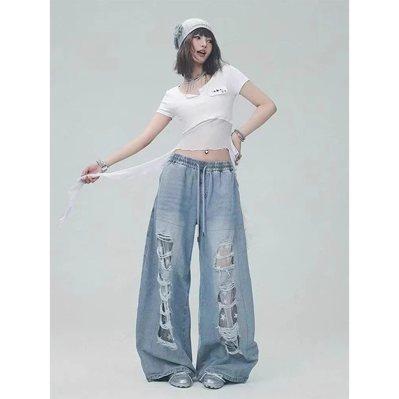 

Винтажные синие мешковатые рваные джинсы Y2k, женские джинсовые брюки-бойфренды в стиле Харадзюку, уличная одежда для джазовых танцев 2000-х годов, брюки большого размера в стиле хип-хоп