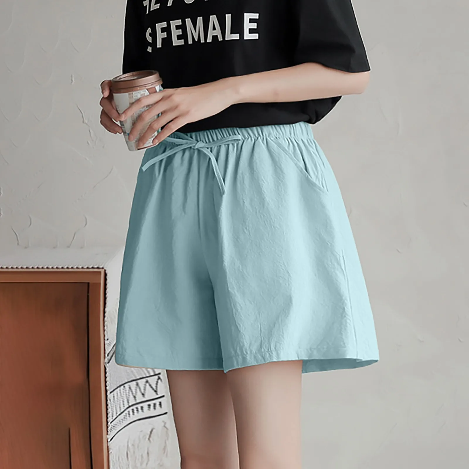 Short à jambes larges pour femmes, grande taille, décontracté, en coton et lin, taille haute, à lacets, couleur unie, à la mode