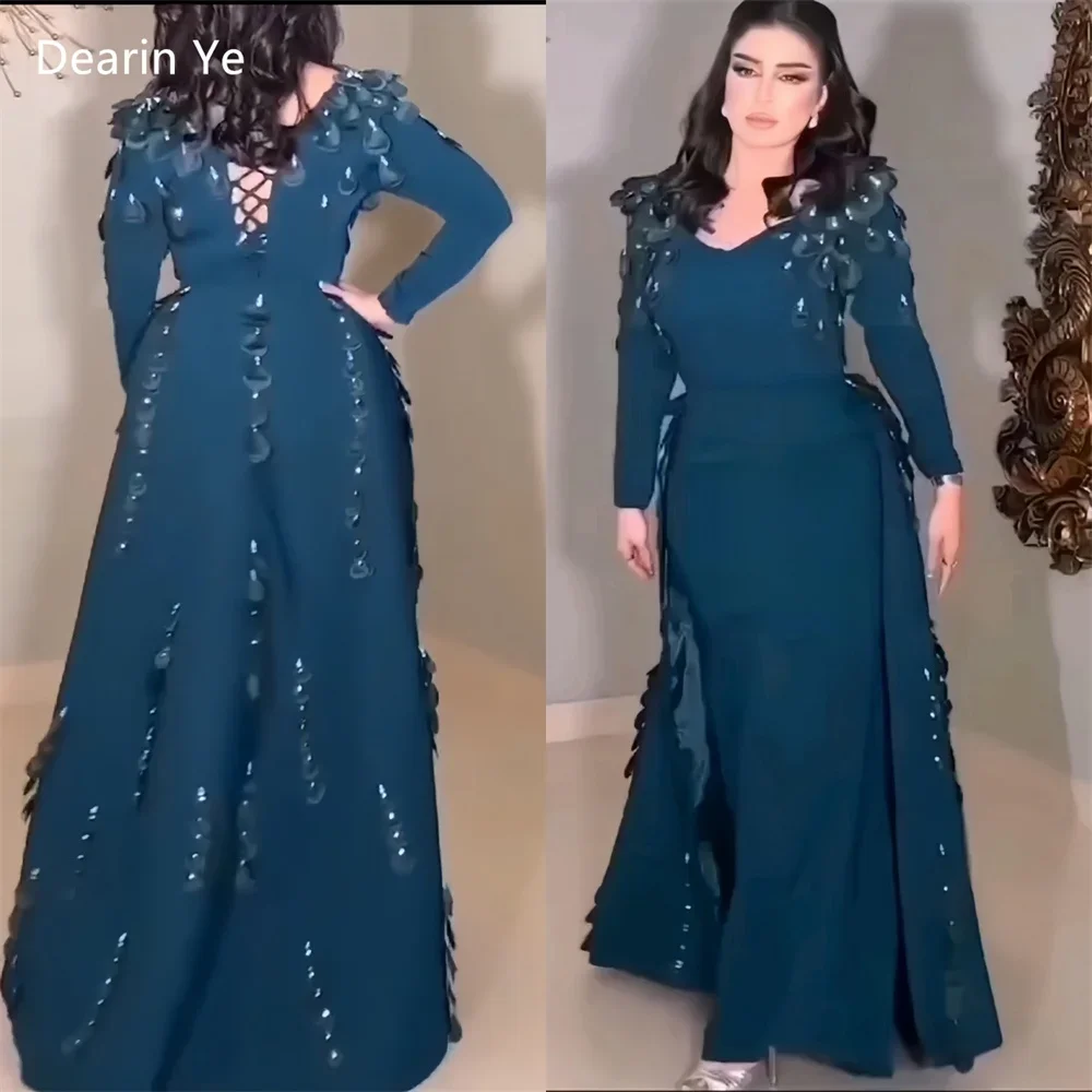 

Customized Saudi Arabia Formal Dress Evening Dearin V-neck A-line Floor Length Skirts Applique Flower Bespoke Occasion Dresses P