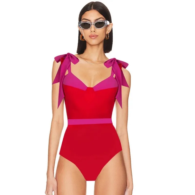 One-Piece Swimsuit for Women, Color Matching Bow Tie Bikini, Swimwear Set, Beach Wear, Cover Up, Beauty, Summer