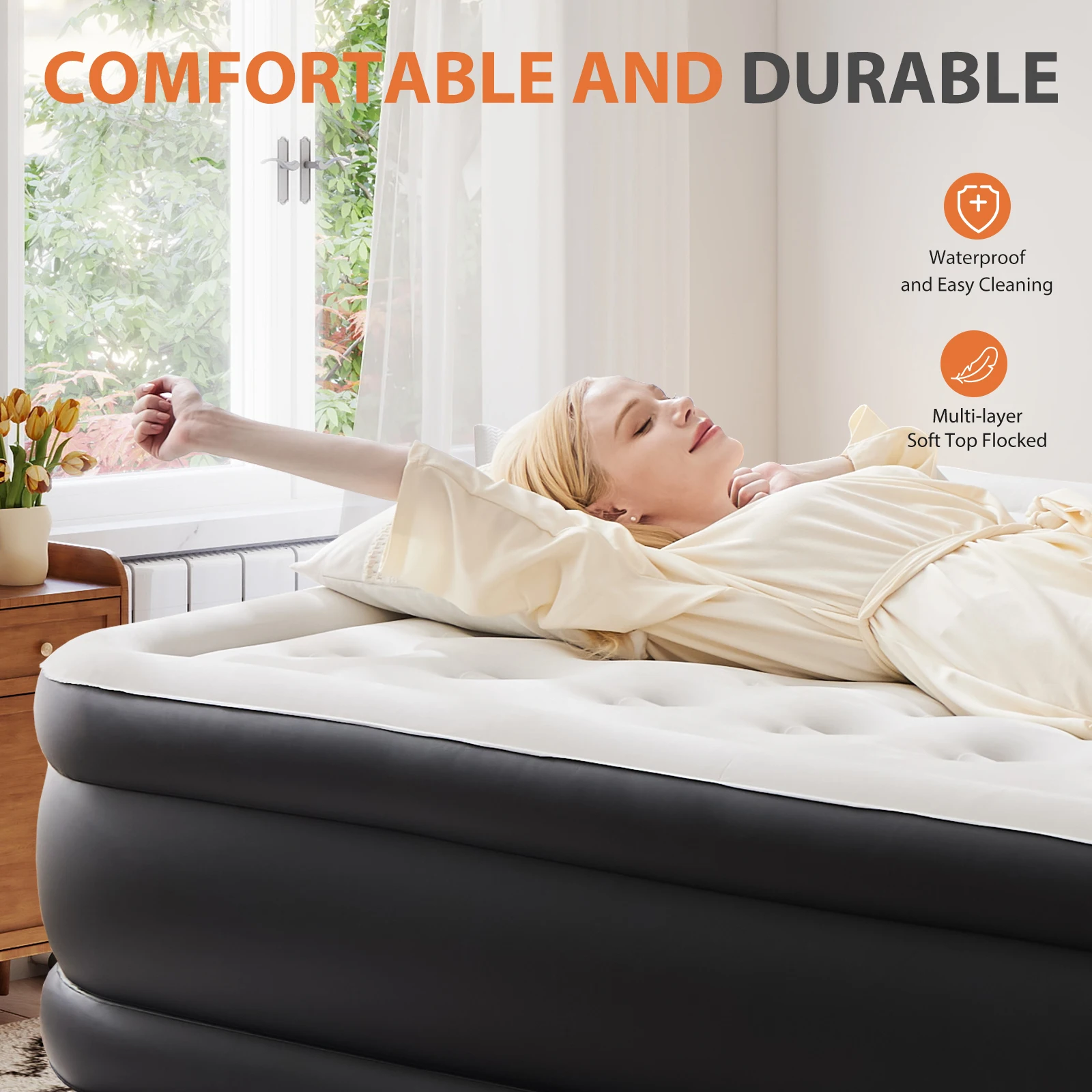 JHK 18 Inch Air Mattress Inflatable Bed High Capacity Pump Double Height Non-Slip Bottom 660 lbs for Home Camping