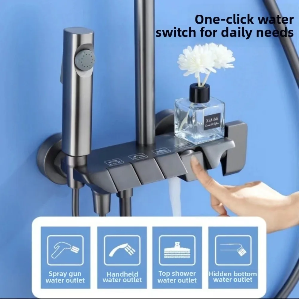 Grey Shower System High Pressure Piano Button Digital Shower Faucet Set Intelligent Temperature Display Rainfall Shower Set