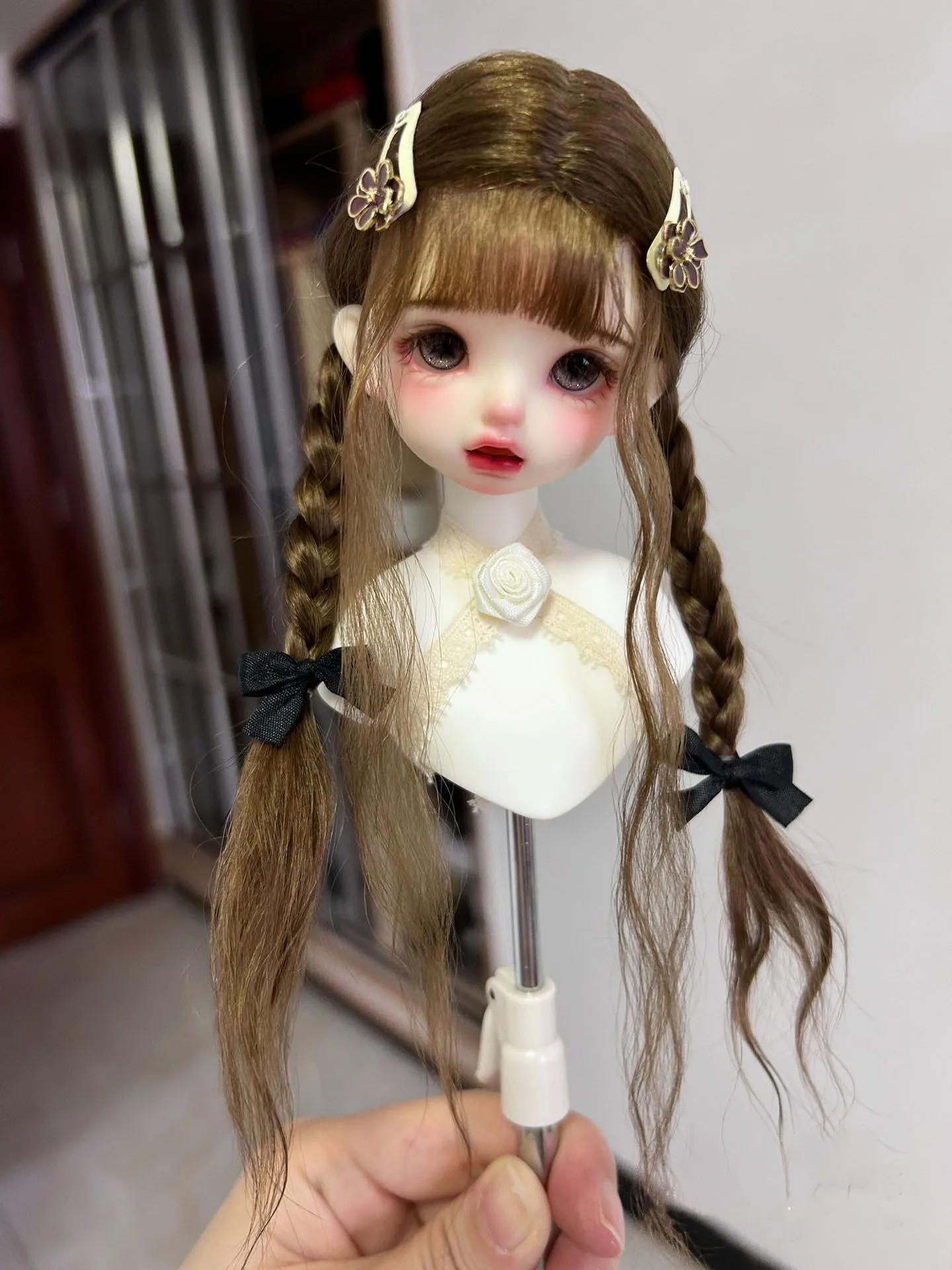 

Lovely 1/6 BJD Shell Hard Doll Hair, Brown Bangs Mohair Curly Double Braid Wig Free Shipping