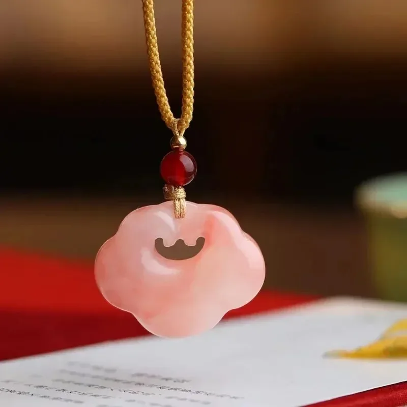 Natural Gold Silk Jade Peach Blossom Stuffed Xiangyun Lock Peace Buckle Pendant Hand-carved Exquisite Fashion Jewelry for Women