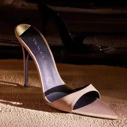 2025 Fashion Sexy PU Shallow Slim High HeelsWomen's Pointed Open Toe Outdoor Solid Color Anti Slip Sandals Slippers Mules