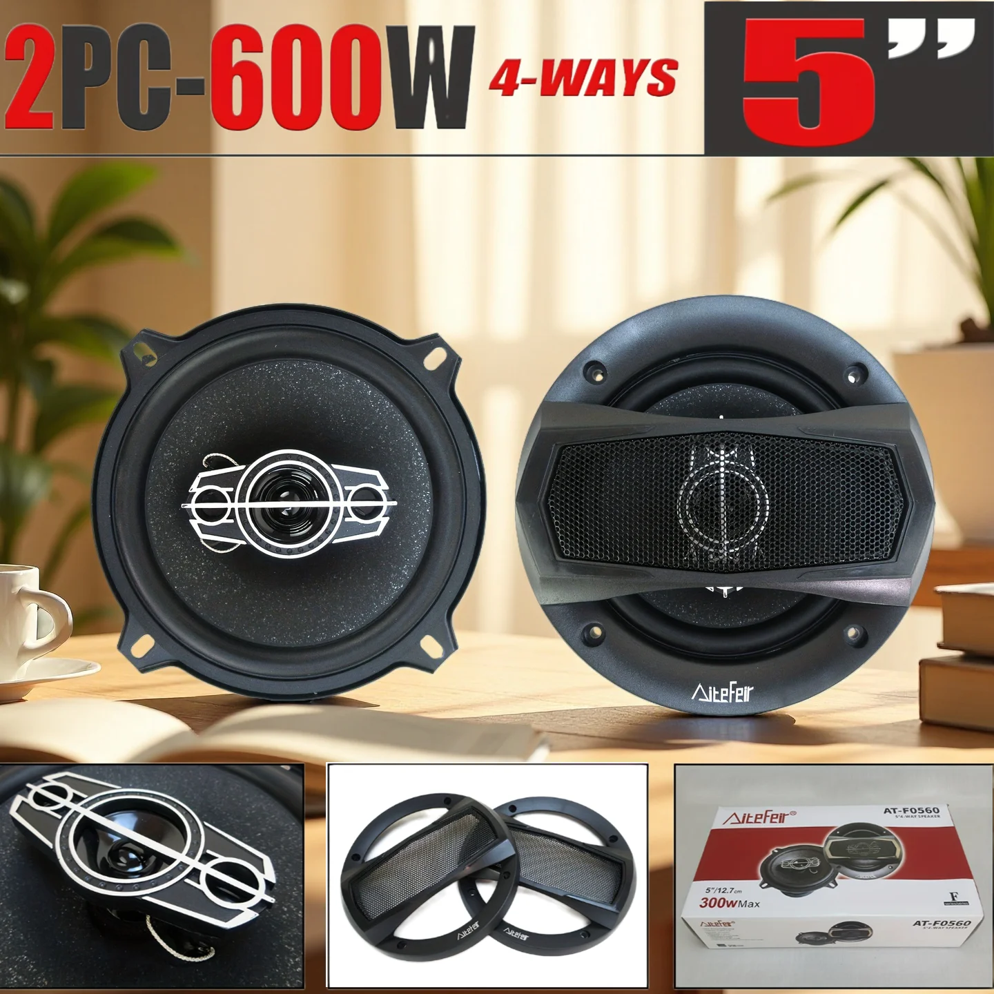 4-Way Coaxial Car Speakers 2 Pcs 5 Inch 300W Max Power Full Range Audio System with Silk Dome Tweeters for Auto Stereo Upgrade