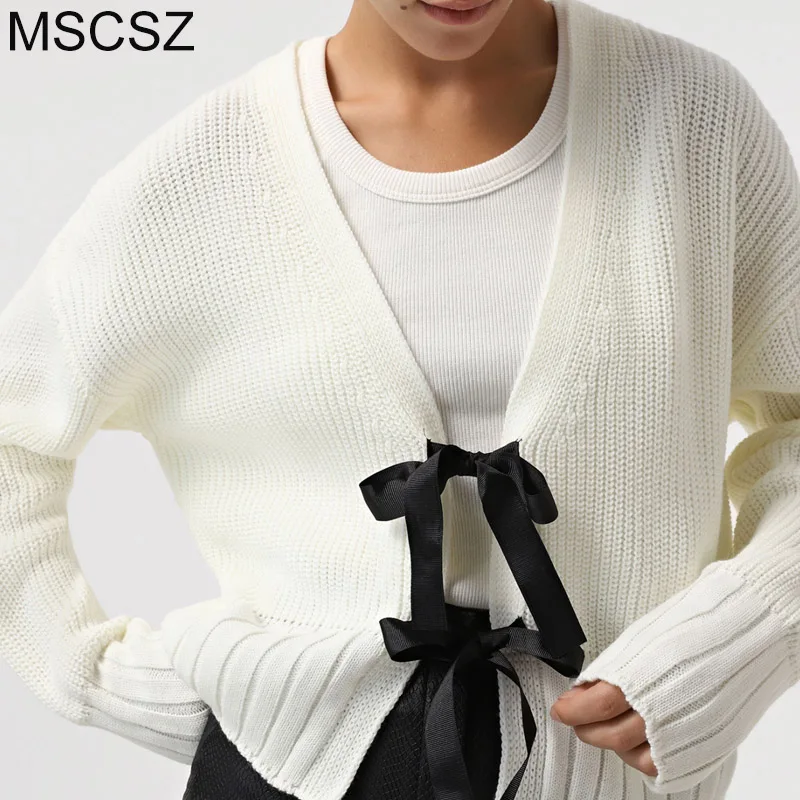 MSCSZ Lace-Up Cropped Cardigan For Women V-Neck Long Sleeve Ribbed Knitted Cadigan Elegant Short Sweater Jacket Outerwear