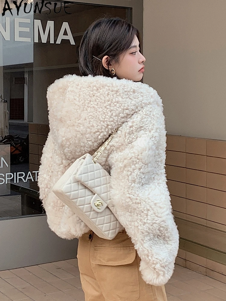 

AYUNSUE 2025 Новая утолщенная дубленка, женские куртки из 100% натуральной шерсти для женской одежды, меховая куртка с капюшоном, Ropa Para Mujer