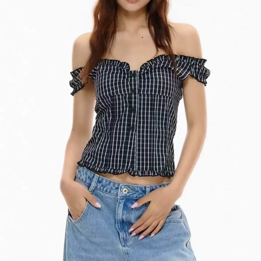 

New Summer Versatile Shirt American Top Korean Version Retro Plaid One-shoulder Button Off-shoulder Shirt Vest Sexy Women's Top