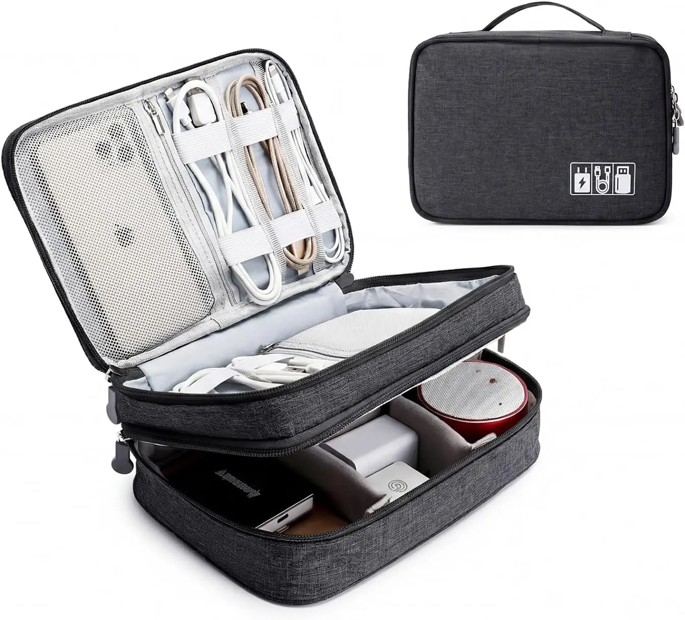

Waterproof Electronic Travel Organizer, Double Layer Cable Storage Bag for Charger, Phone, iPad Mini, SD Card - Black