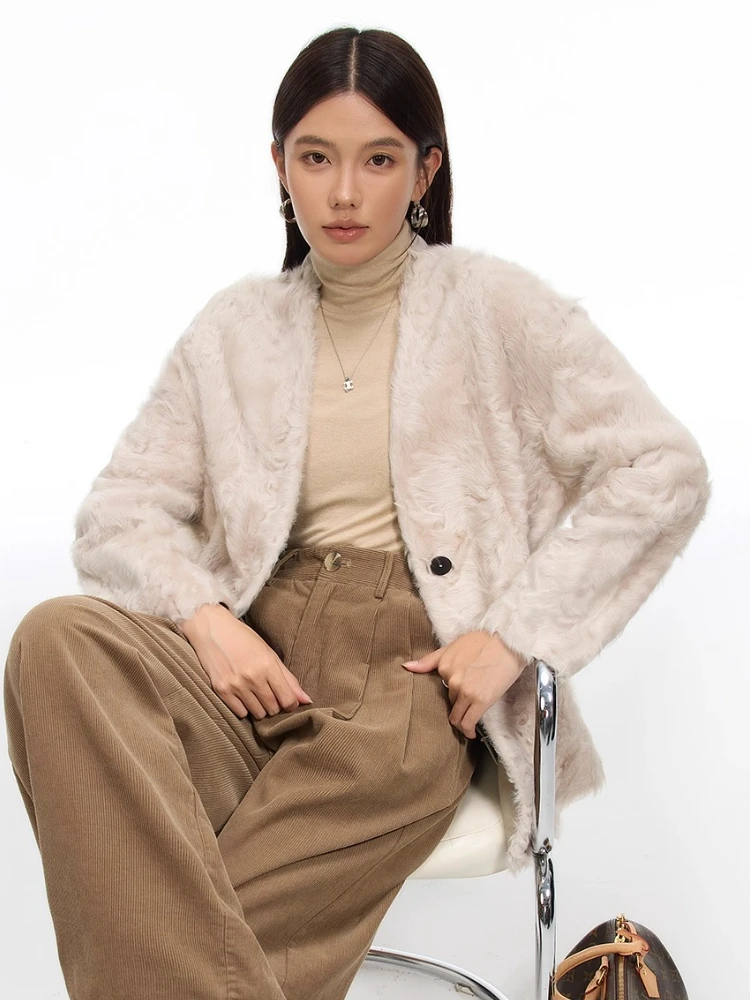 Vestes de luxe en peau d'agneau naturelle pour femmes, haut de gamme, nouveau manteau classique Simple, col en v, en cuir véritable, en peluche, 2025