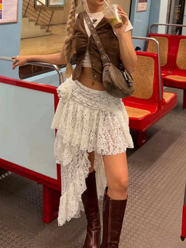 

SUNSIREN Boho Irregular Lace White Skirts Women Y2K Vintage Tulle Layered Skirt Retro Streetwear Hollow Out Korean Fashion Skirt