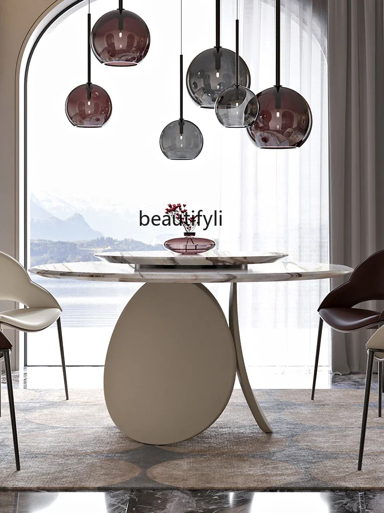 Designer large natural marble round dining table turntable, minimalist Italian style