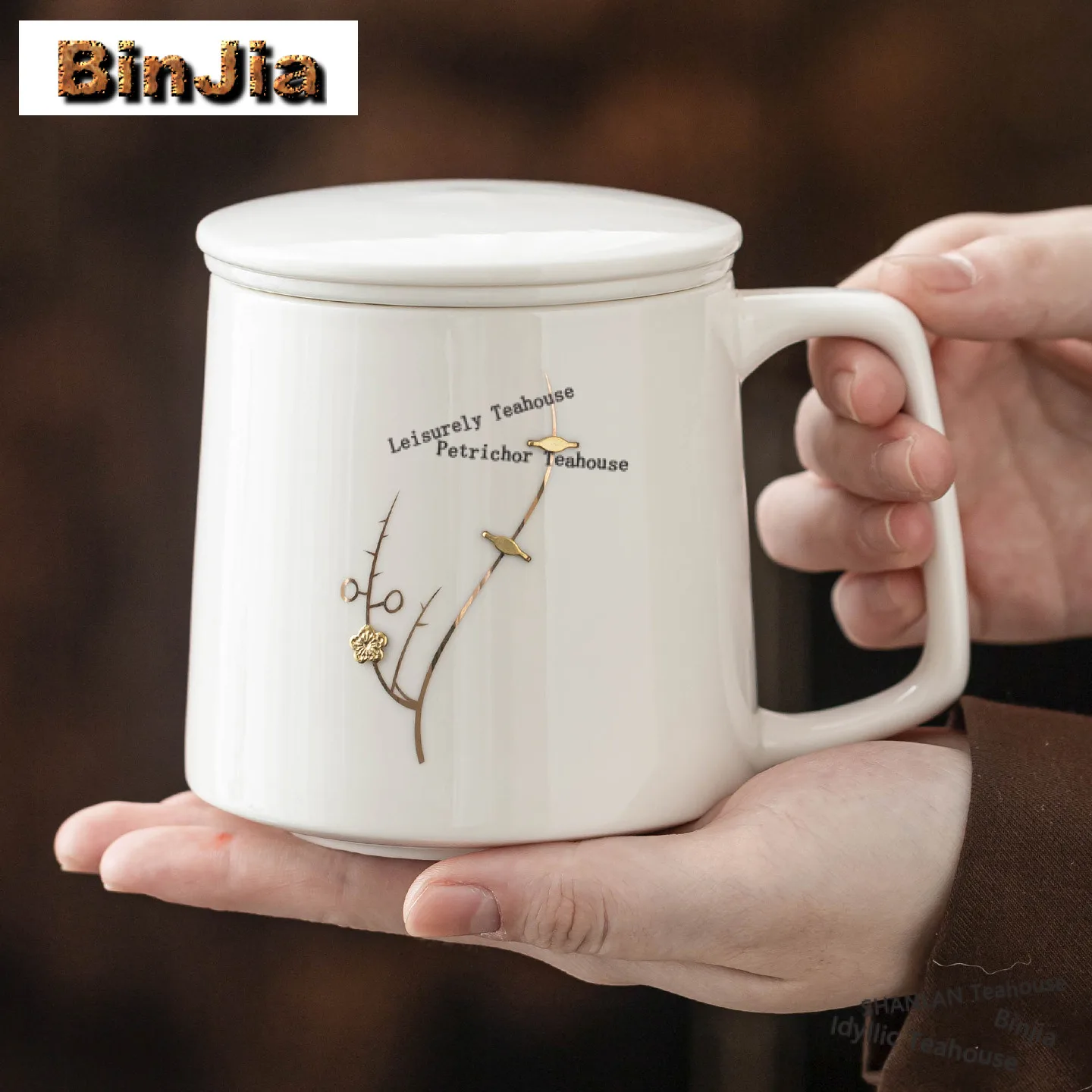 334ml Mutton-fat Jade Filter Tea Separator Cup Hand-painted Plum Blossom Tea Mug Handgrip Cups Tea Making Office Water Cup Gifts