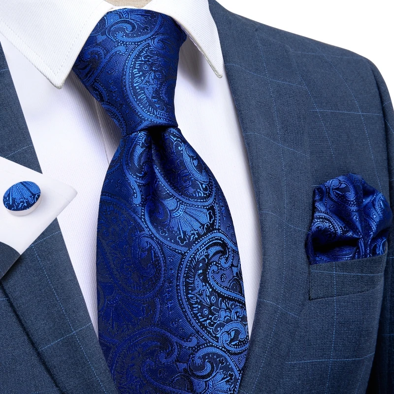 Luxury Royal Blue Paisley Men's Tie Set Wedding Accessories Ties For Men Tie Clip Tie Ring Handkerchief Cufflinks Gifts For Men