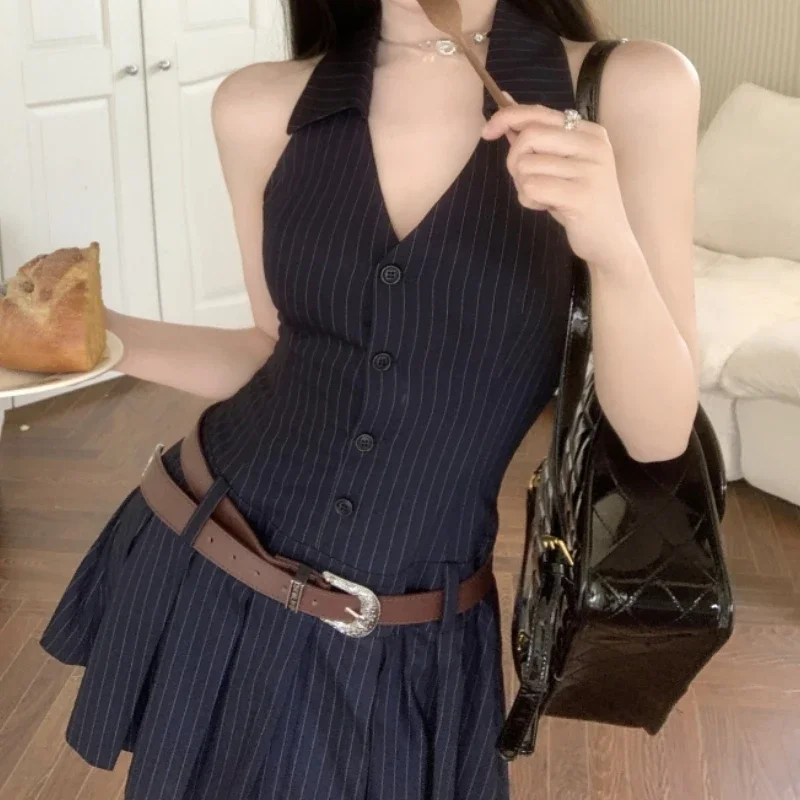

Striped Mini Women Pleated Dresses Sexy Backless Chic One Piece Short Dress Sleeveless Streetwear Y2k Hotsweet Dress
