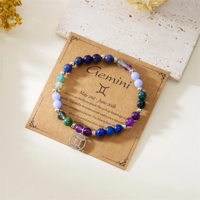 Minimalistische Bunte Naturstein-Perlenarmbänder für Damen und Herren, Modische Handgefertigte 12 Sternzeichen-Armbänder, Schmuck – Detail 25