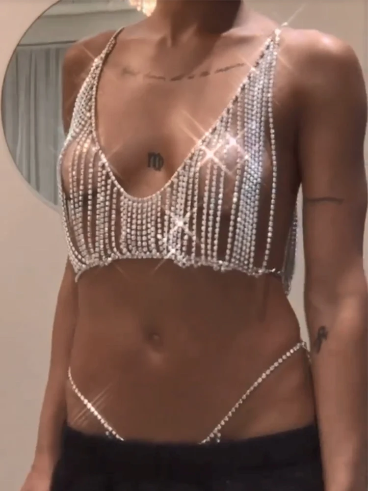 Sexy, durchsichtiges Tanktop mit Strass-Ketten und glänzenden Quasten für Damen, V-Ausschnitt, rückenfreies Crop-Top, Rave-Festival-Top