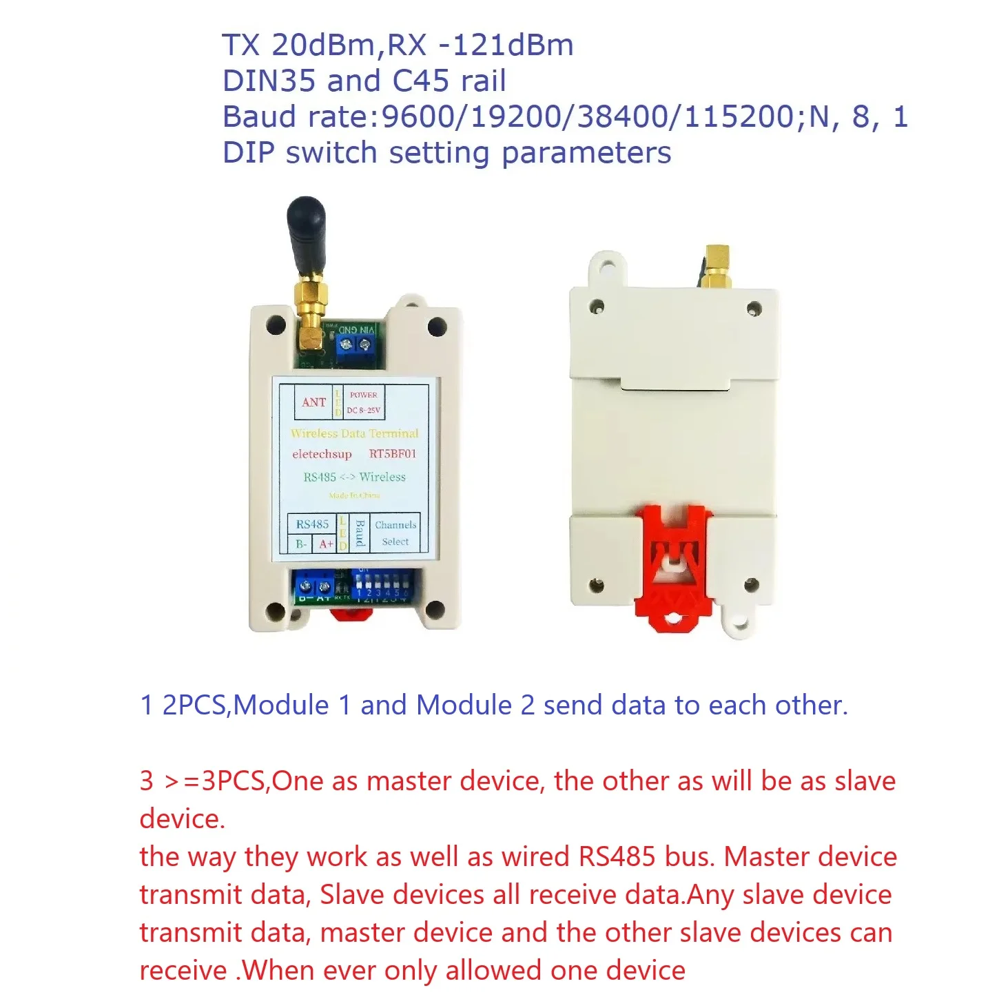 RT5BF01 Modbus RTU RS485 Wireless Transceiver 433MHz 12V/24V DC DIN Rail 800m DIP Switch for Industrial/Smart Home Automation