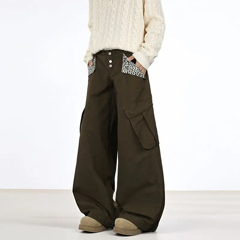 جينز أمريكي عتيق بجيب الفهد جينز نسائي Y2K موضة ملابس الشارع هاراجوكو فضفاض غير رسمي عالي الخصر بنطال ذو قصة أرجل واسعة