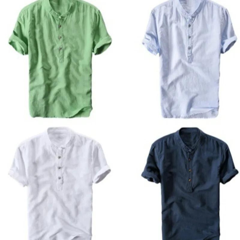 

Summer Travel and Vacation Men's Casual Simple Small Fresh Linen Shirt Thin Solid Color Short-sleeved Casual T-shirt